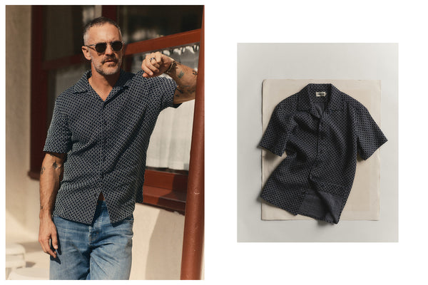 fit model posing in The Davis Shirt in Indigo Raindrop Sashiko