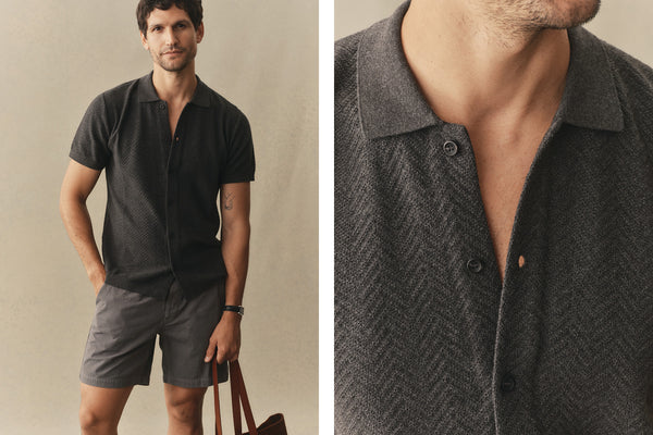 fit model wearing a polo shirt with shorts