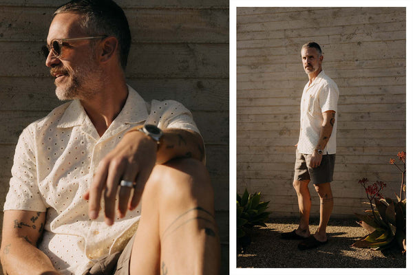 fit model posing in The Short Sleeve Hawthorne in Vintage White Embroidered Eyelet