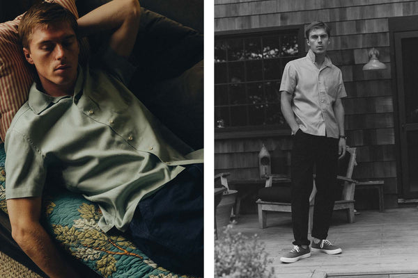 fit model posing in The Hawthorne Shirt in Surf Green