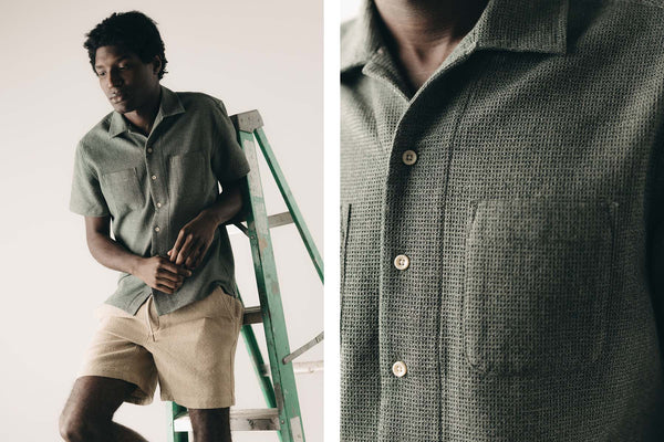 fit model showing off The Conrad Shirt in Deep Sea Twist