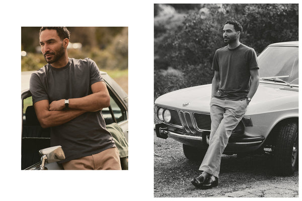 fit model walking wearing The Cotton Hemp Tee in Navy