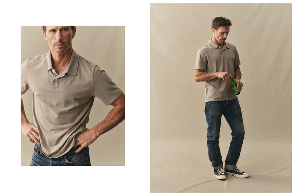 fit model posing in The Cotton Hemp Polo in Fired Clay