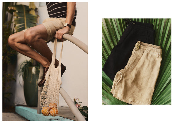 fit model posing in The Short Sleeve California in Faded Navy Hemp