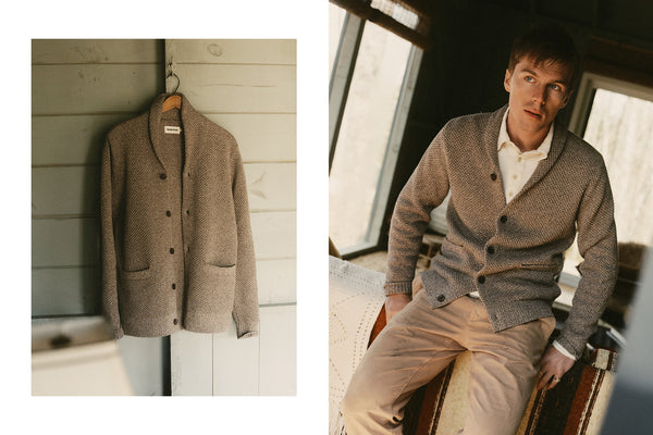 fit model posing in The Eddy Cardigan in Heather Grey Herringbone