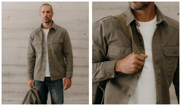 fit model showing off The Shop Shirt in Stone Chipped Canvas
