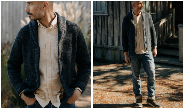 fit model posing in The Mariner Shawl Cardigan in Ink Slub
