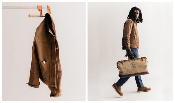 fit model wearing The Ryder Jacket in Tobacco Chipped Canvas