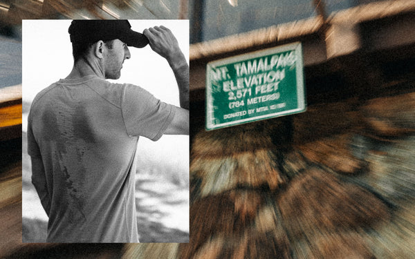Diptych of Michael hiking and Mount Tam sign