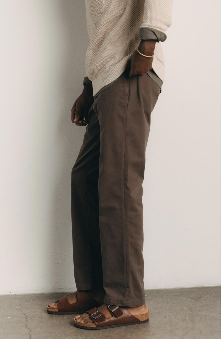 Model wearing The Foundation Pant in Organic Khaki