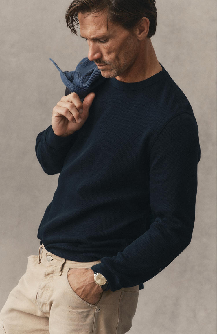 fit model in The Organic Cotton Waffle Crew in Dark Navy