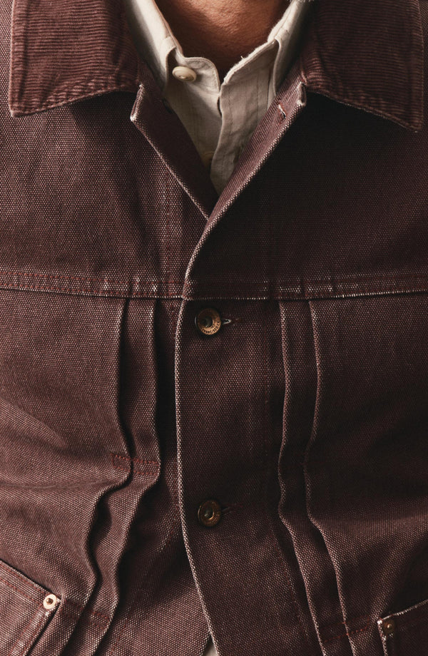 fit model showing off The Ryder Jacket in Burgundy Chipped Canvas