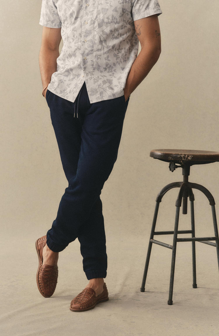 fit model posing in The Apres Pant in Rinsed Indigo Sashiko