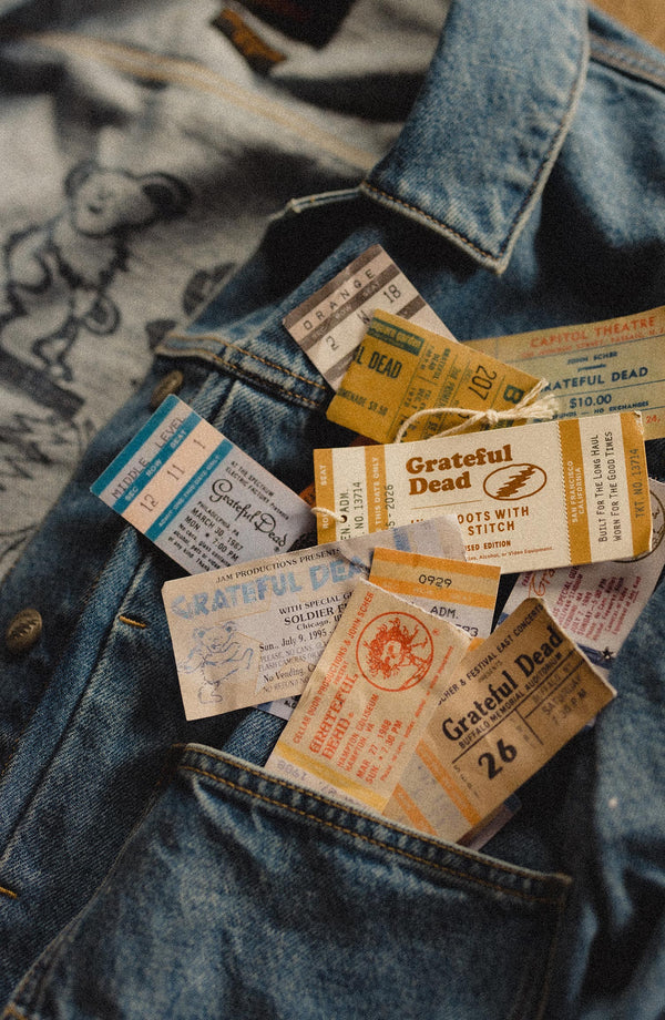 editorial image of tags for The Haight Jacket in Light Wash Hemp Denim