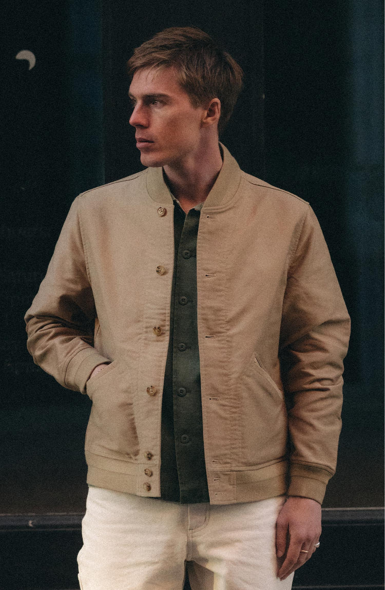 fit model posing in The Clark Bomber in Khaki Bedford Cord