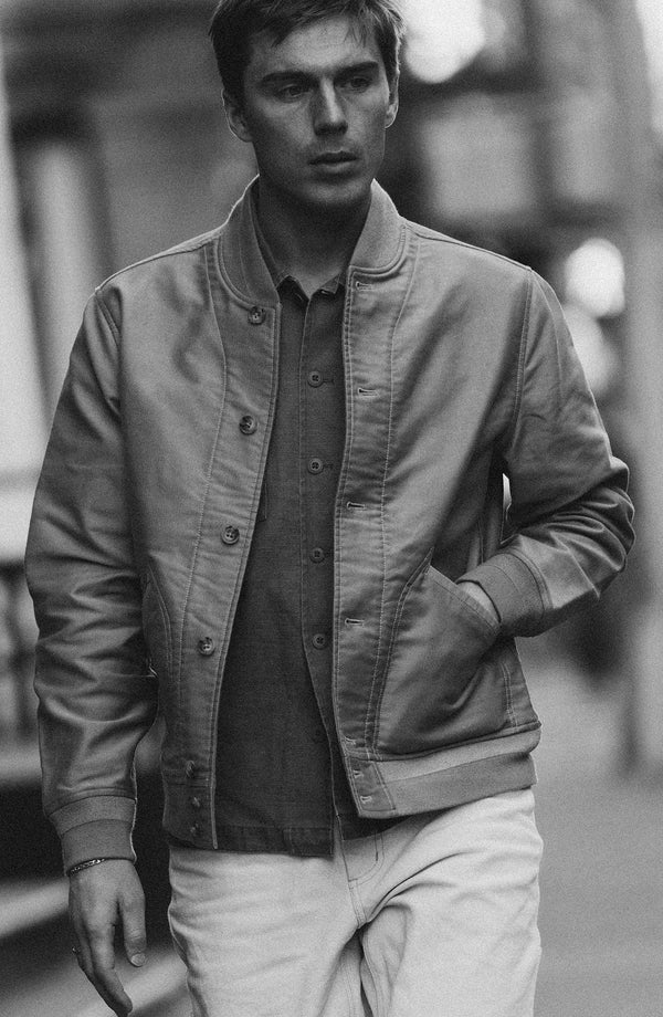 fit model showing off The Clark Bomber in Khaki Bedford Cord