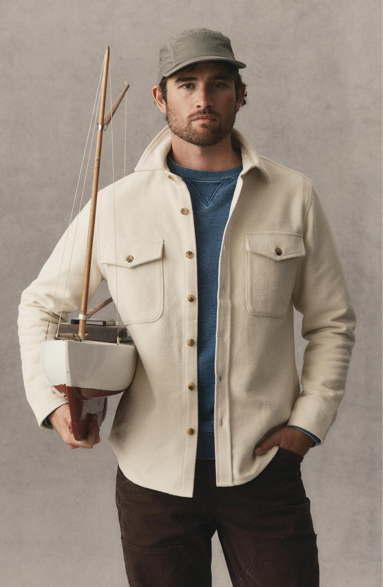 fit model posing in The Maritime Shirt Jacket in Vintage White Moleskin Twill