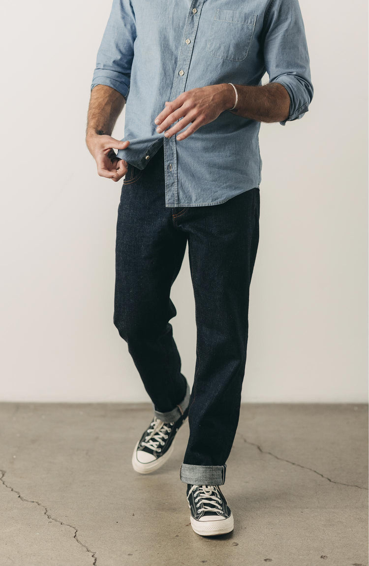 fit model posing in The Straight Jean in Rinsed Yoshiwa Selvedge
