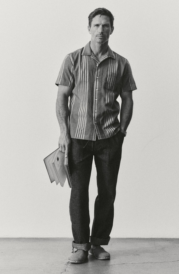 fit model posing in The Hawthorne Shirt in Indigo Patchwork