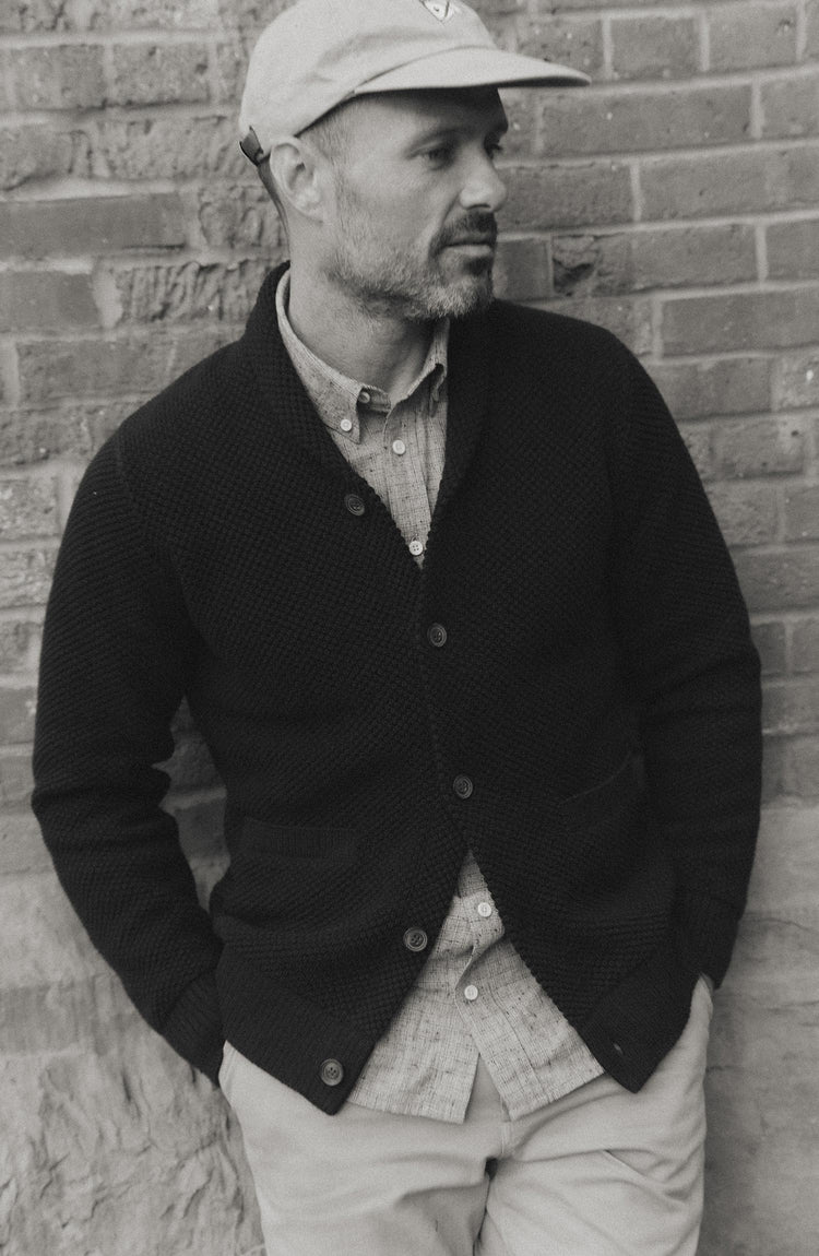 Model wearing the Crawford Sweater in Navy