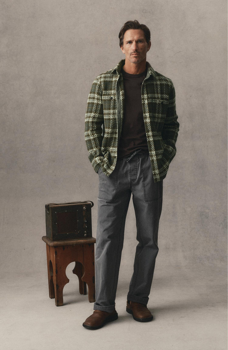 fit model posing in The Cutter Overshirt in Buzzard Check