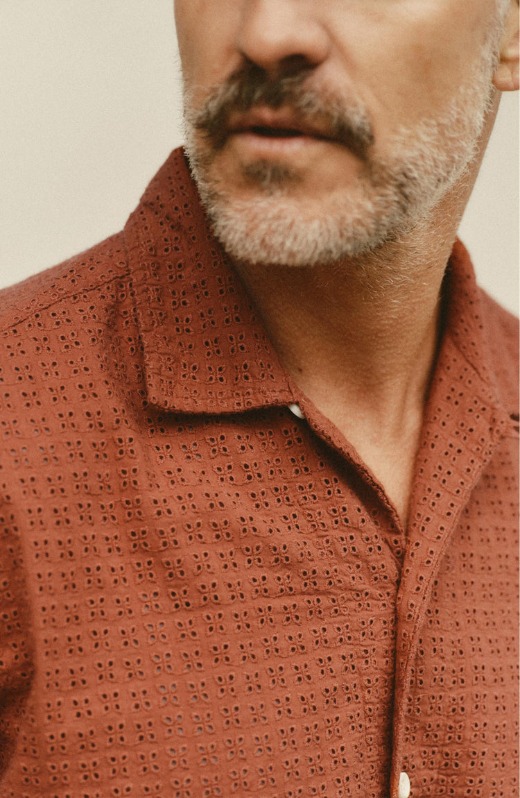 fit model posing in The Davis Shirt in Driftwood Eyelet