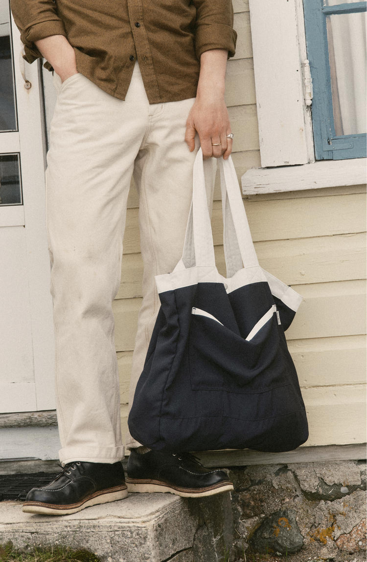 fit model posing with The Deck Tote in Navy Twill