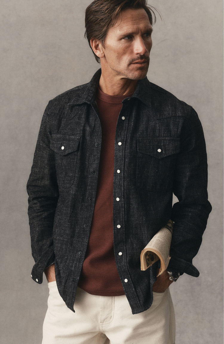 fit model posing in The Glacier Shirt in Black Indigo Hemp Denim