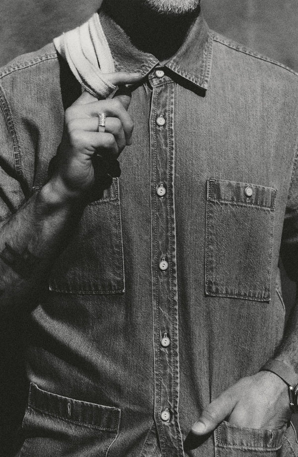 fit model with his hand in the pocket of The Gulf Shirt in Washed Indigo Twill