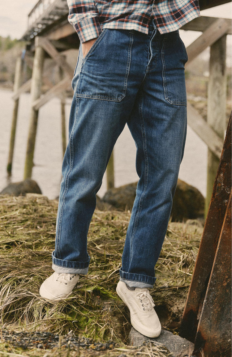 fit model posing in The Mariner Jean in Drift Wash Organic Selvedge