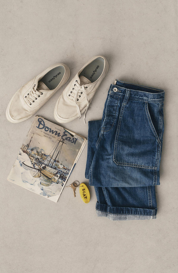 folded flatlay of The Mariner Jean in Drift Wash Organic Selvedge