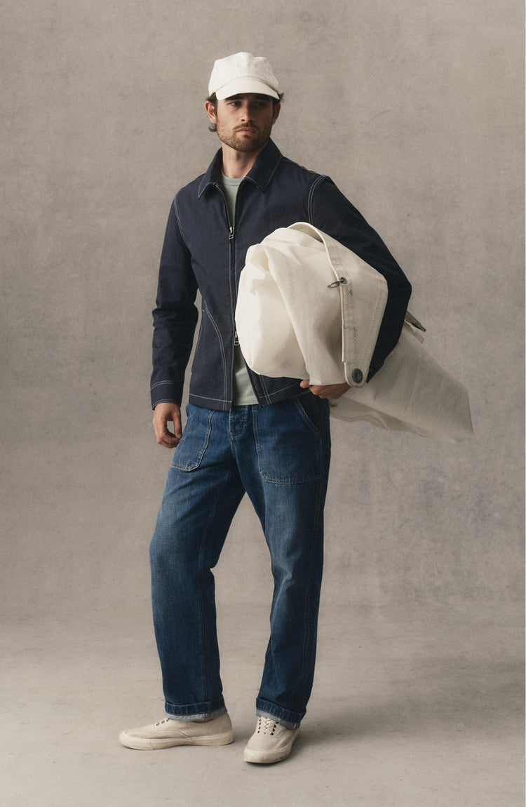 fit model posing in The Shore Jacket in Navy Twill