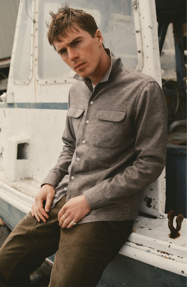 fit model posing in The Shore Shirt in Driftwood Portuguese Mouline Flannel