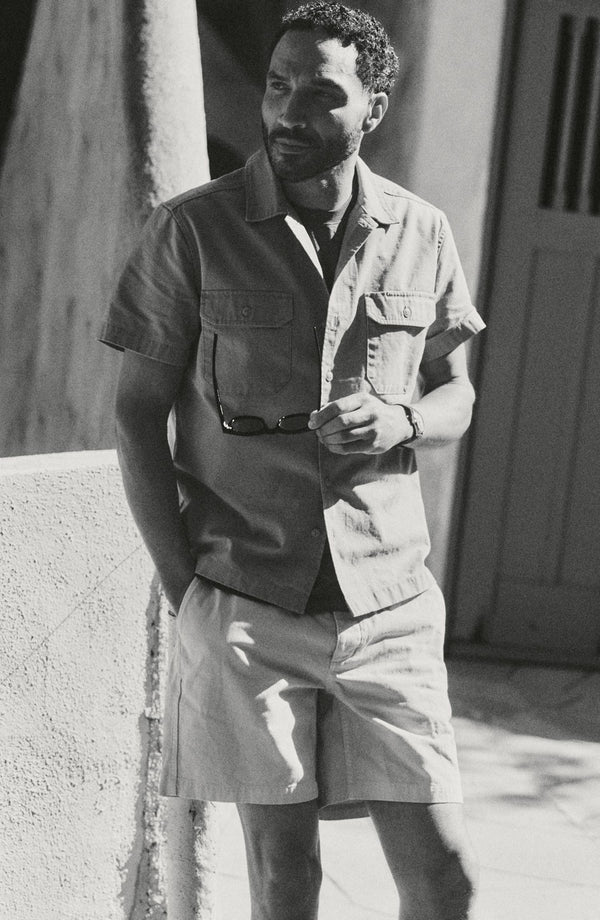 fit model wearing The Short Sleeve Mechanic Shirt in Khaki Ripstop