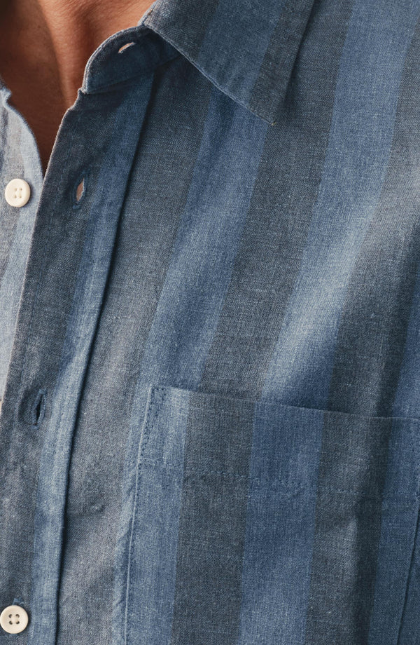 fit model showing off The Short Sleeve California in Blue Stone Stripe Hemp
