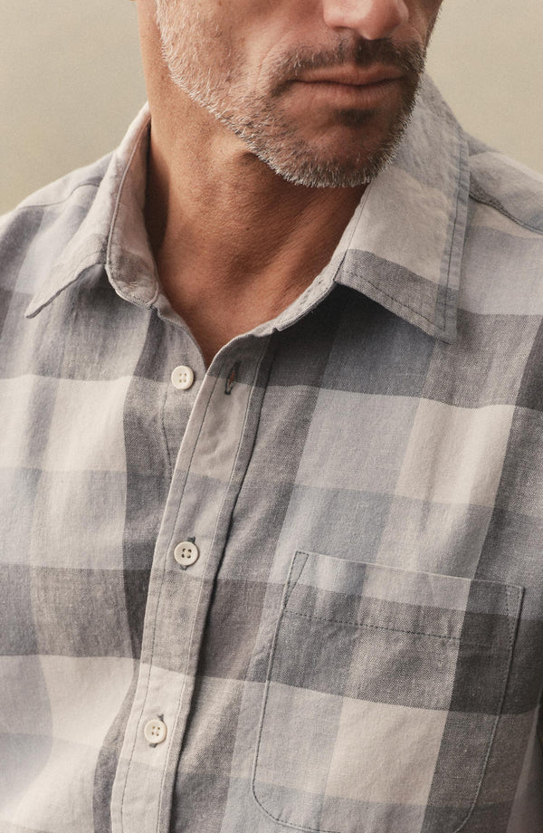 fit model showin goff the collar on The Short Sleeve California in Overcast Check Hemp