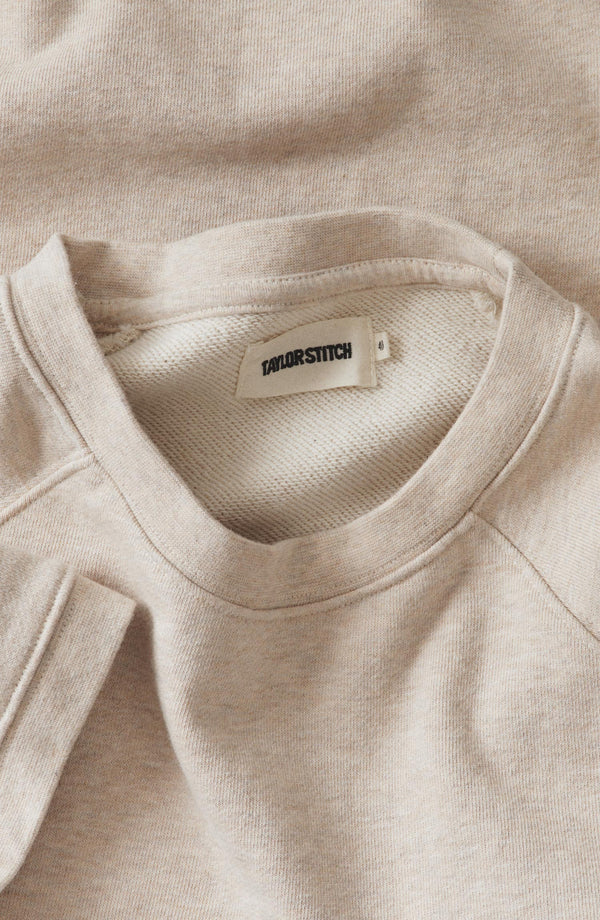 material shot of the collar on The Short Sleeve Sunset Crew in Heather Oat Terry