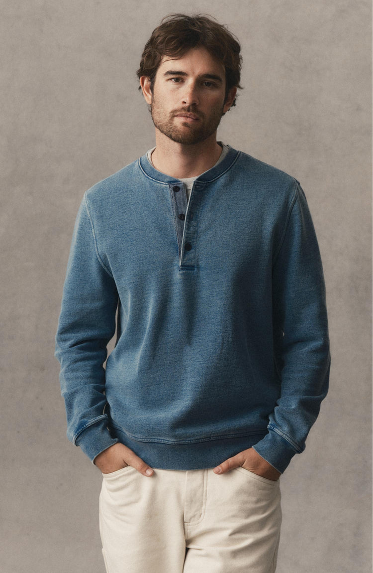 fit model posing in The Sunset Henley in Washed Indigo Terry