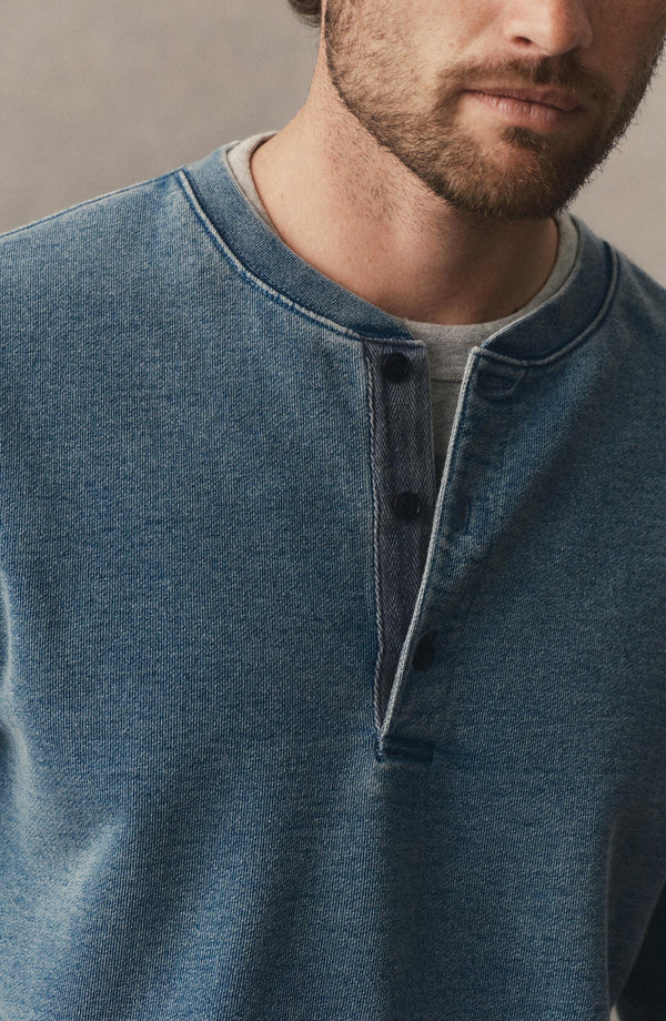 fit model showing off the collar on The Sunset Henley in Washed Indigo Terry