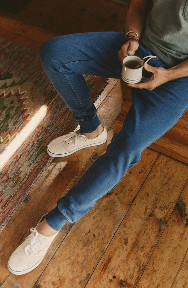 fit model showing off The Sunset Pant in Washed Indigo Terry