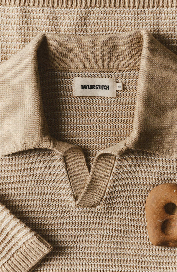 editorial image of the collar on The Valencia Sweater Polo in Sand Stripe