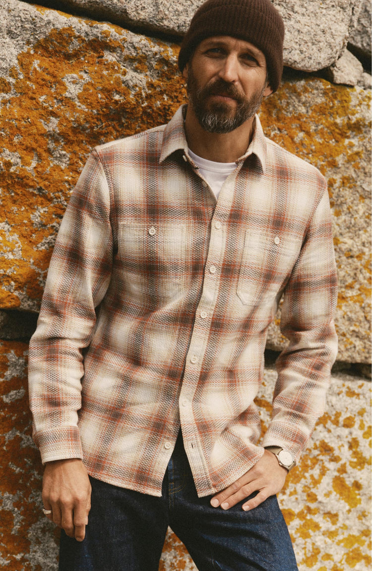 fit model posing in The Utility Shirt in Seaside Check Sashiko