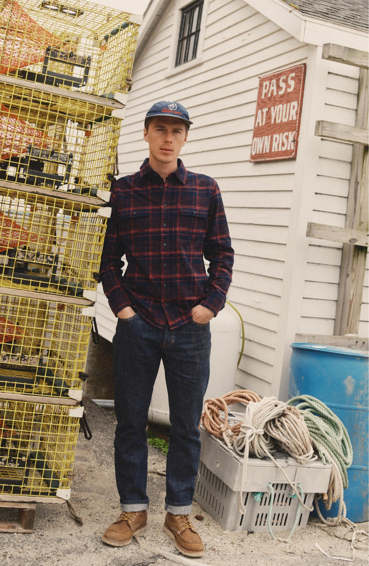 fit model posing in The Yosemite Shirt in Delaware Plaid