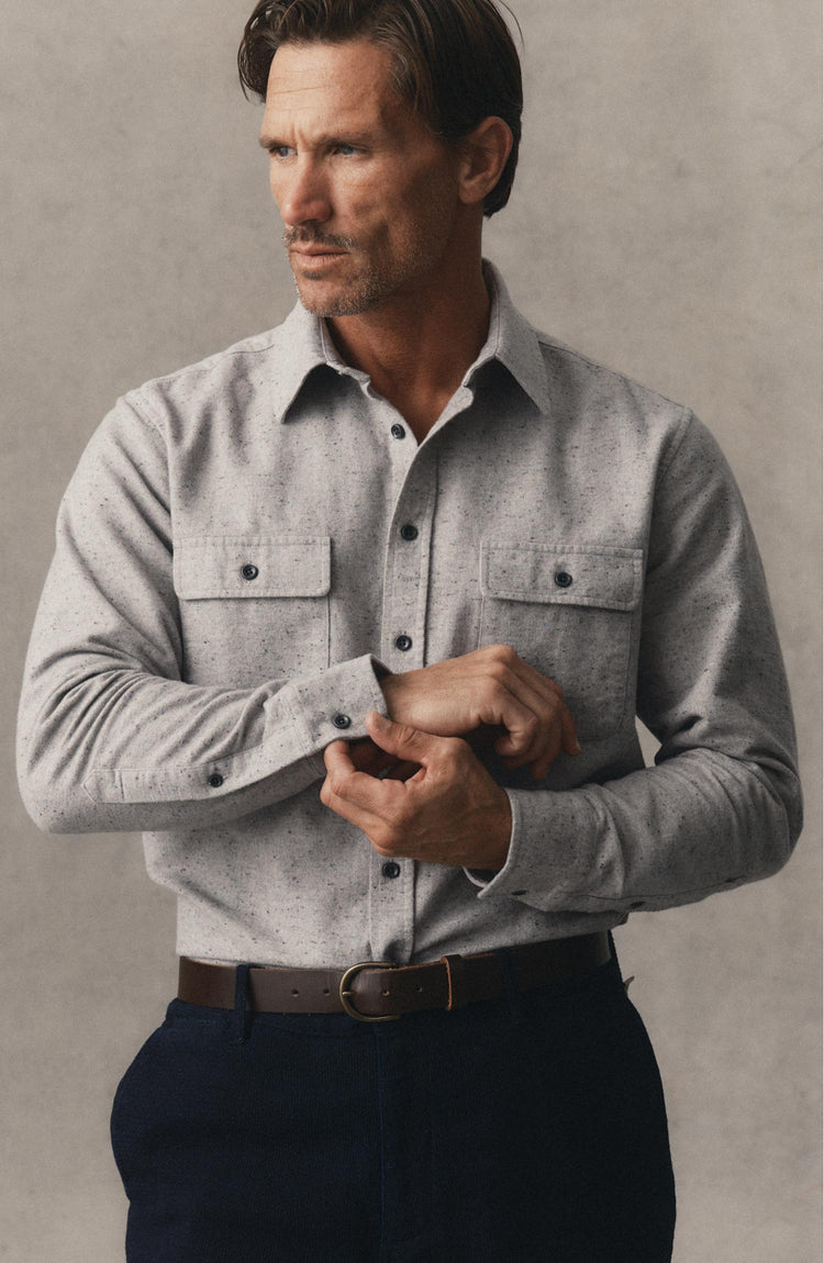 fit model posing in The Yosemite Shirt in Mist Donegal