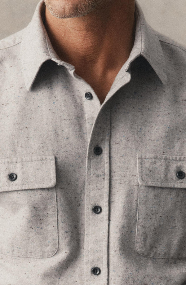 fit model showing the collar on The Yosemite Shirt in Mist Donegal