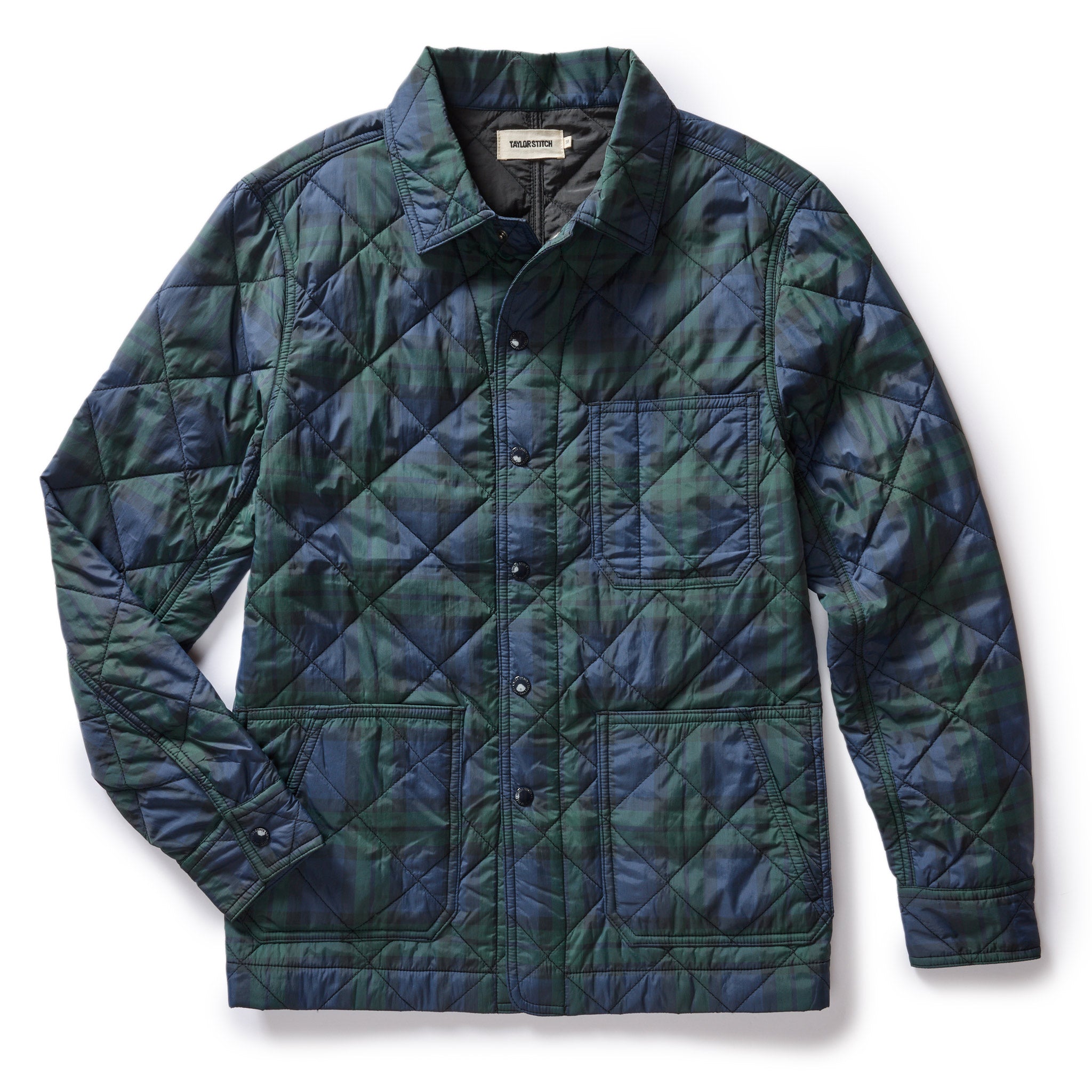 The Ojai Chore Coat in Blackwatch Plaid Diamond Quilt flatlay, Outerwear by Taylor Stitch