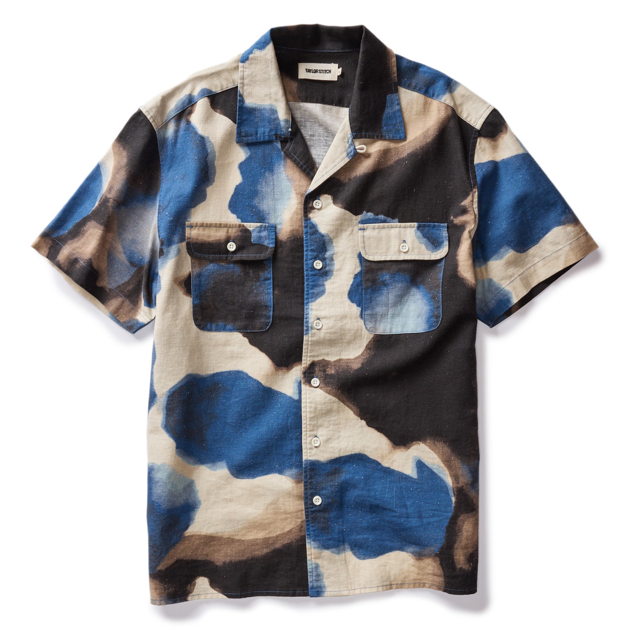 flatlay of The Short Sleeve Carter in Dark Navy Abstract, Wovens by Taylor Stitch