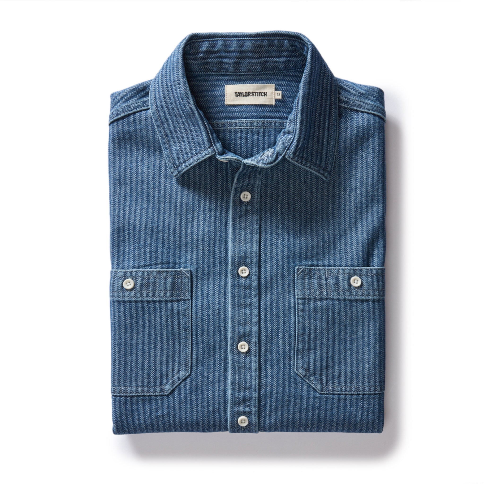 flatlay of The Utility Shirt in Washed Indigo Herringbone, Wovens by Taylor Stitch