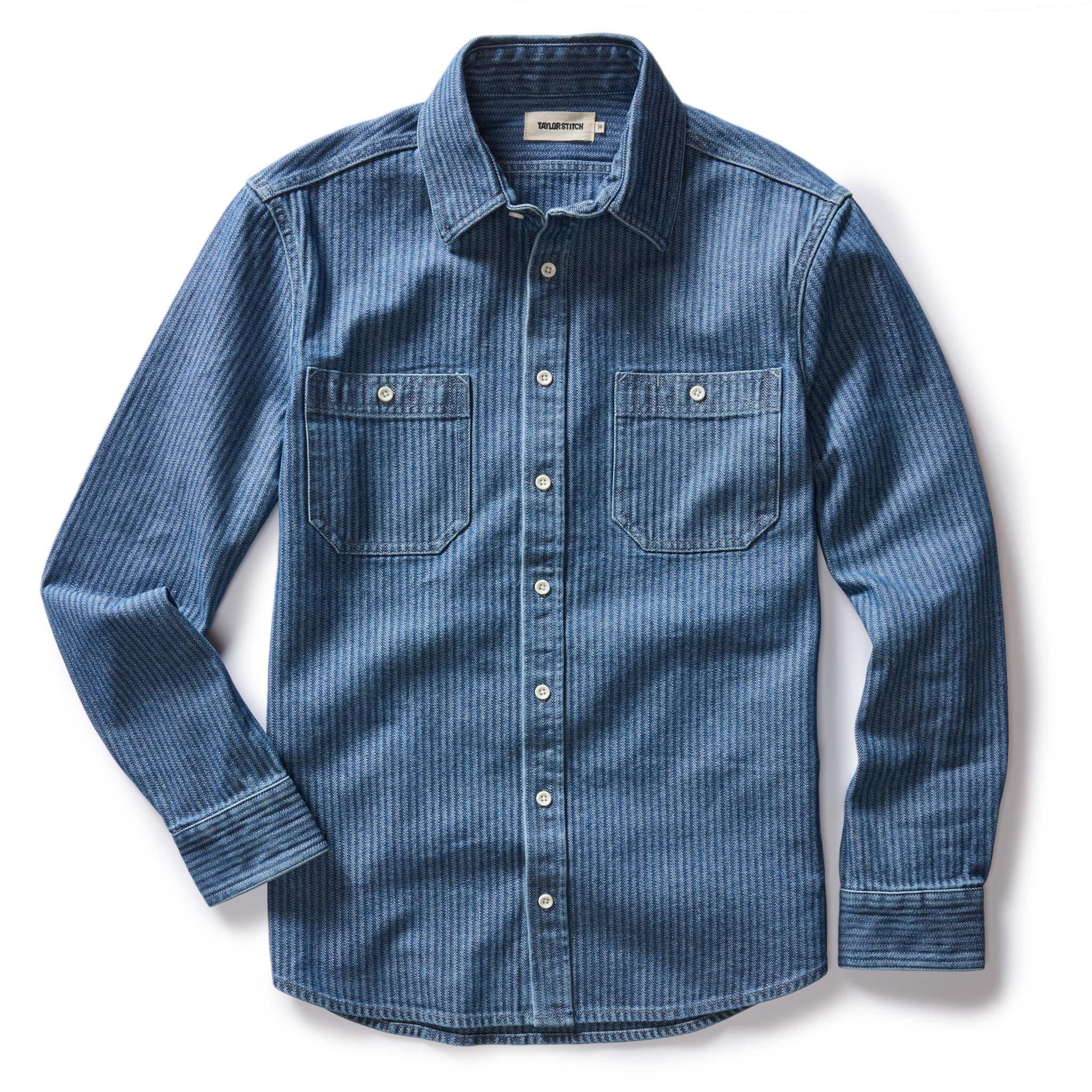 flatlay of The Utility Shirt in Washed Indigo Herringbone, in full, Wovens by Taylor Stitch