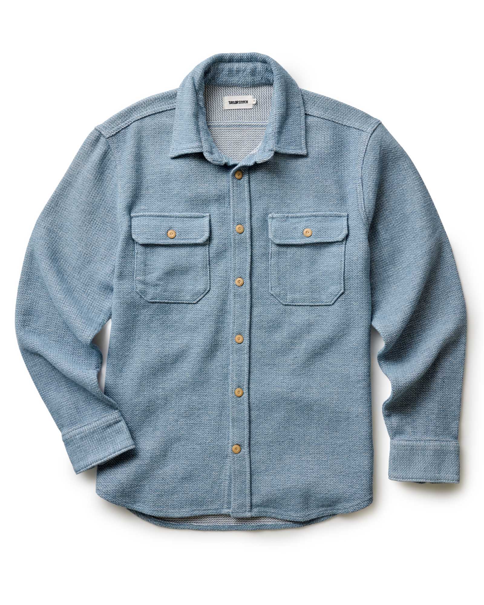 fit model walking in The Division Shirt in Washed Indigo, Wovens by Taylor Stitch